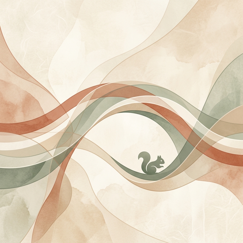 A sophisticated abstract visual of intersecting bridge paths representing transition, curiosity, and a small squirrel silhouette